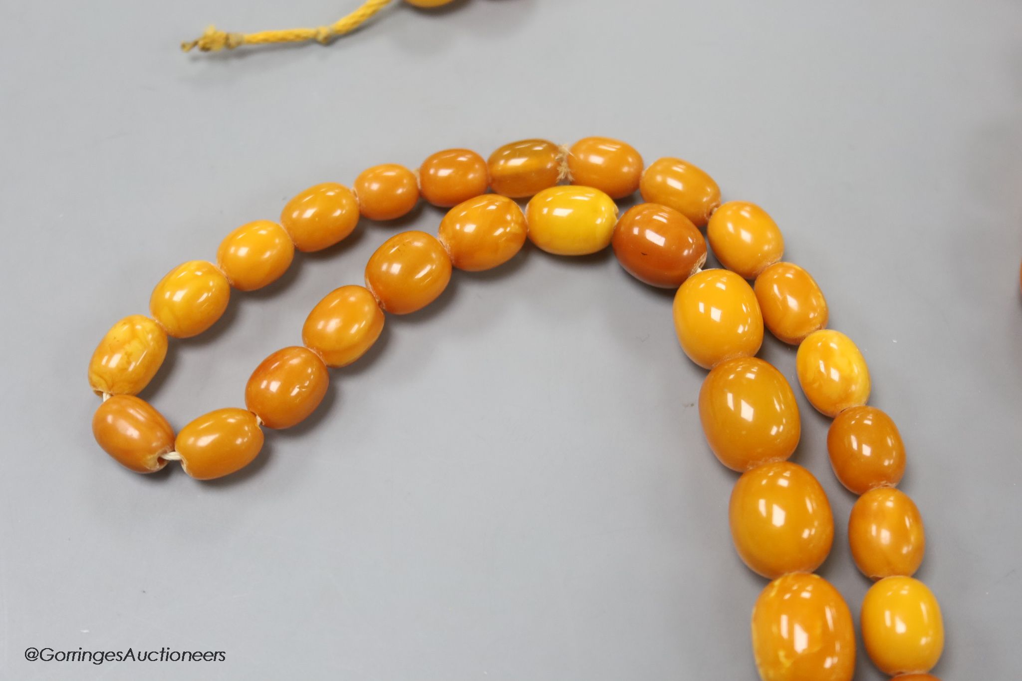 Two single strand graduated oval amber bead necklaces, 71cm, 61 grams & 89cm, 68 grams (beads missing from larger necklace)